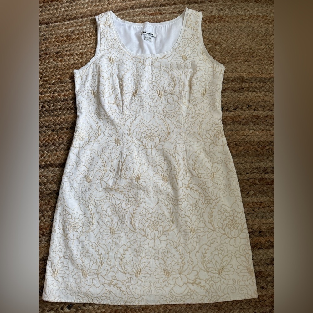 Nygard Size 14 White & Gold floral embroidered Sleeveless Cotton Blend Dress